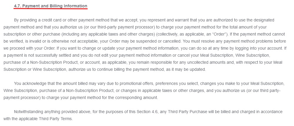Blue Apron Terms of Use: Payment and Billing Information clause