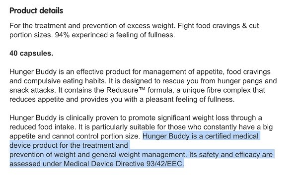 Boots Hunger Buddy product details with regulating law highlighted