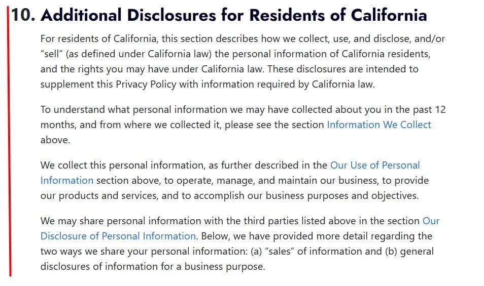 Bright Creations Privacy Policy: Additional Disclosures for Residents of California clause