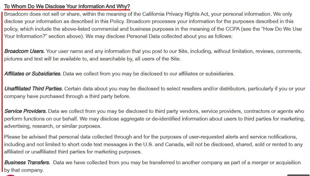 Broadcom Privacy Policy: To Whom Do We Disclose Your Information and Why clause