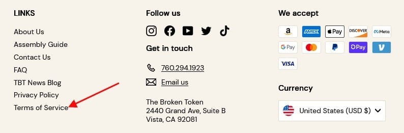 The Broken Token website footer with Terms of Service link highlighted