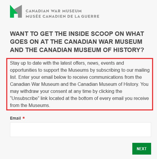 Canadian War Museum email subscribe form