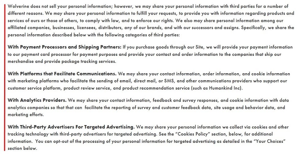 Chaco Privacy Policy: Sell or share personal information clause excerpt