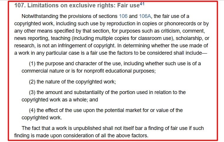 Copyright Law of the USA Section 107: Limitations on Exclusive Rights - Fair Use section