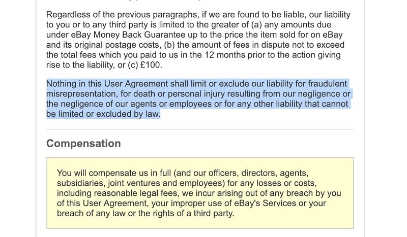 eBay UK User Agreement: Limitation of Liability clause excerpt highlighted