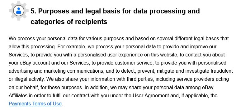 eBay UK User Privacy Notice: Purposes and legal basis for data processing and categories of recipients clause