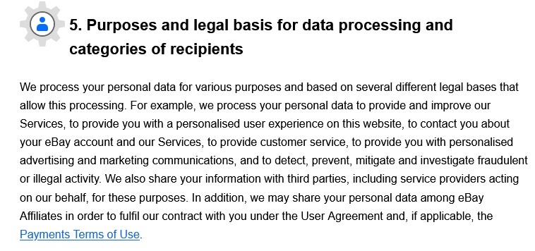 eBay UK User Privacy Notice: Purposes and legal basis for data processing and categories of recipients clause