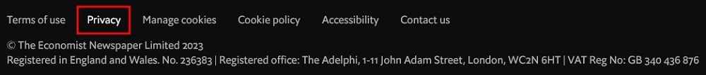 Screenshot of the email footer from The Economist with Privacy Policy link highlighted