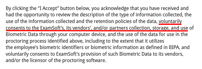 ExamSoft Notice of Collection of Biometric Data and Consent - Consent section