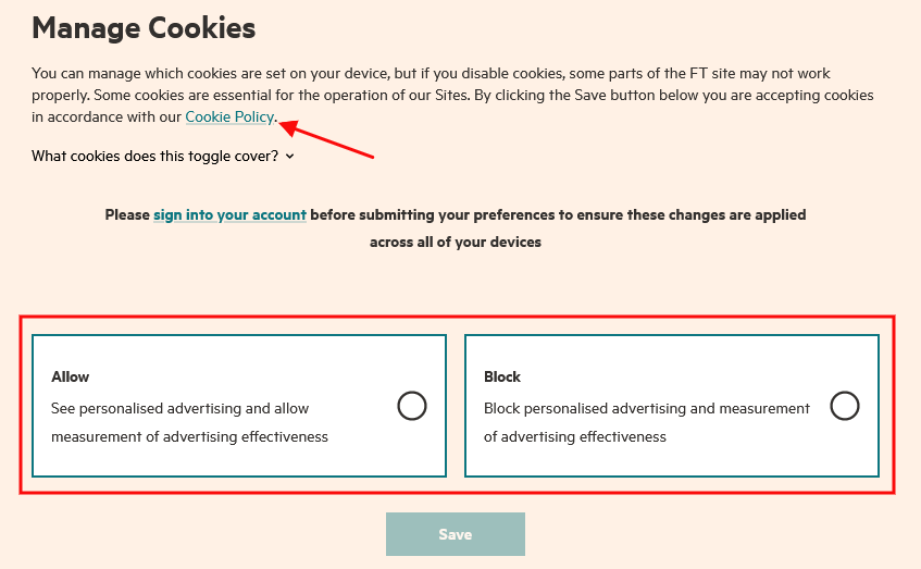 Financial Times cookie consent notice - 2023 update