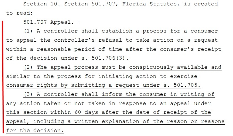 Florida Digital Bill of Rights text: Section 501 707 - Appeal section