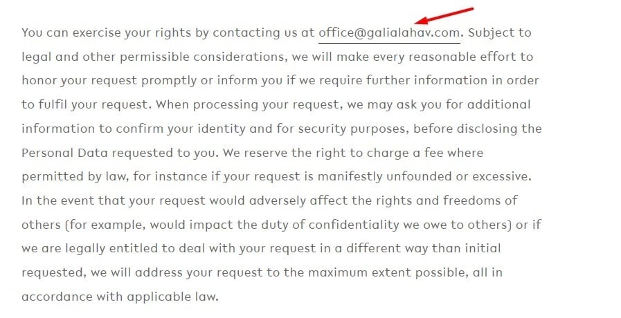 Gahlia Lahav Privacy Policy: Exercise rights section