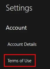 Generic app Settings menu with Terms of Use link highlighted