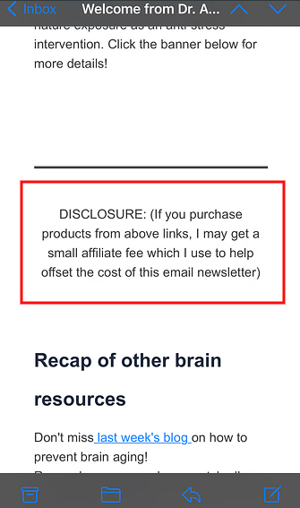 Generic email with affiliate links disclosure highlighted