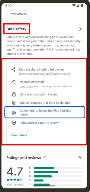 Generic Google Data Safety Form displayed