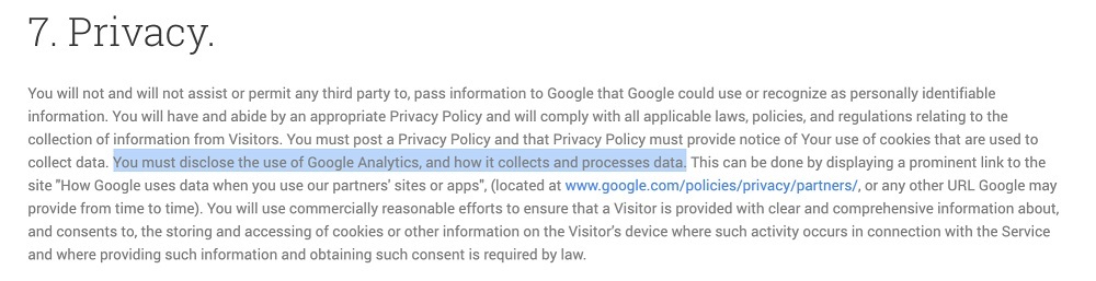 Google Analytics Terms of Service Privacy clause with disclosure requirements highlighted