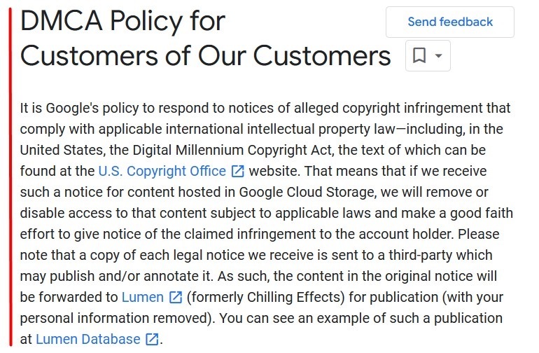 Google DMCA Policy for Customers of our Customers - Intro section