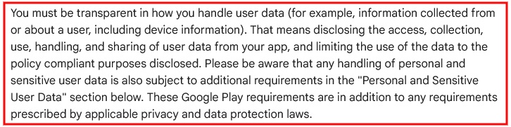 Google Play: Privacy Security and Deception - User Data requirements section
