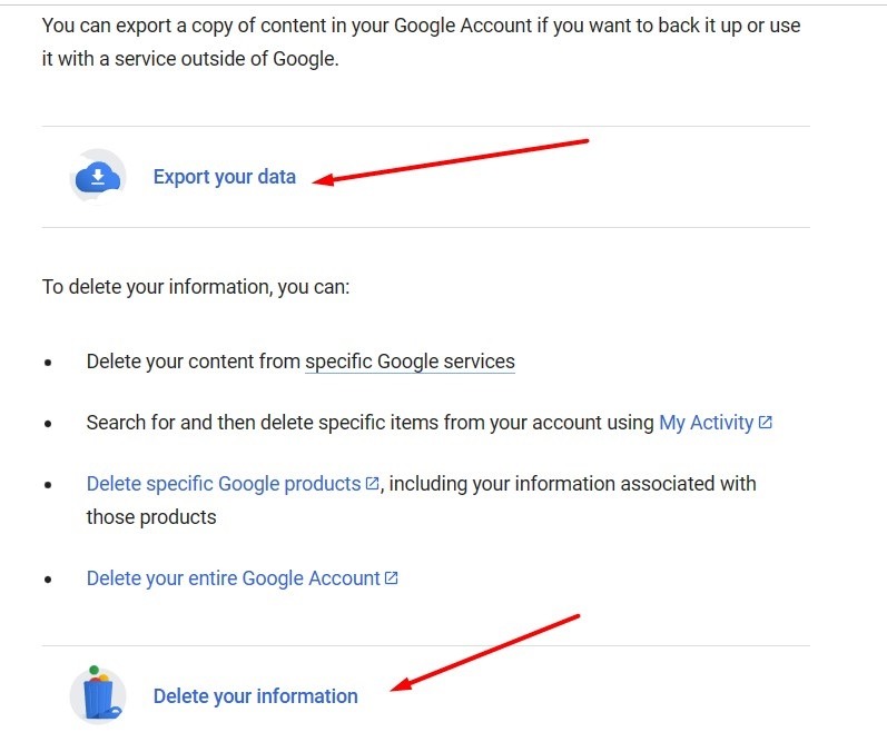 Google Privacy Policy: Export and Delete Information sections