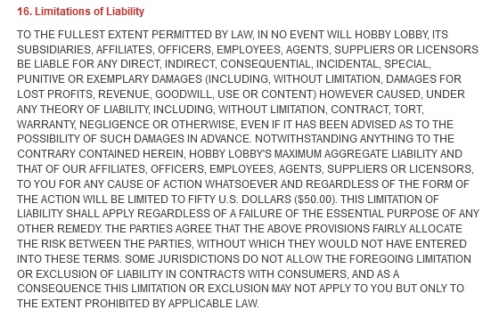Hobby Lobby Terms of Use: Limitations of Liability clause