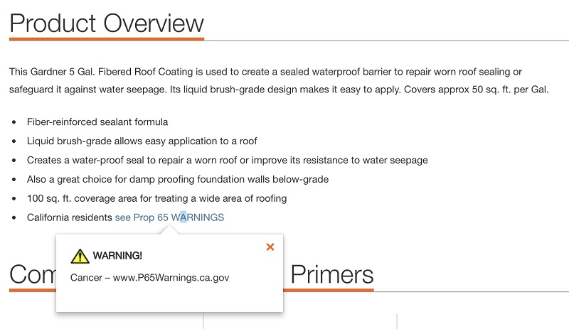 Home Depot Product Overview with Prop 65 popup
