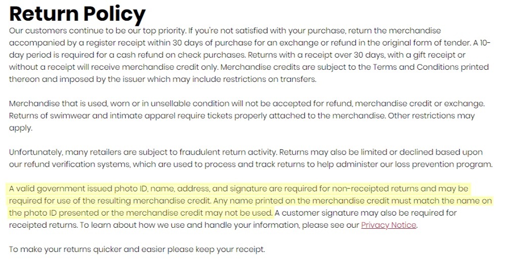 HomeGoods Return Policy: Valid photo ID may be required section highlighted