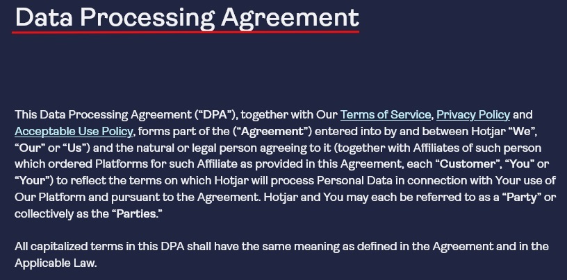 Hotjar Sign Data Processing Agreement page