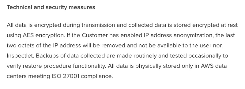 Inspectlet Privacy Impact Assessment for GDPR: Technical and security measures section