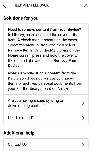 Kindle app Help and Feedback screen