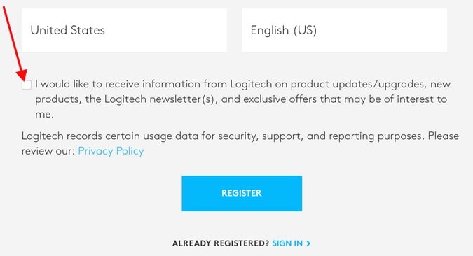 Logitech account registration page with consent checkbox for communications