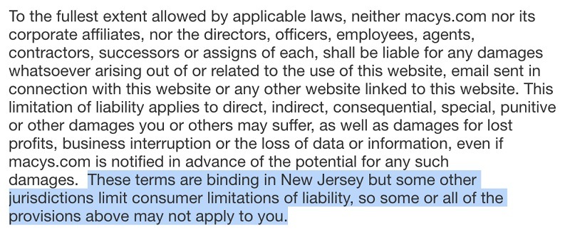 Macys Legal Notice: Limitations of Liability clause excerpt - Jurisdiction section