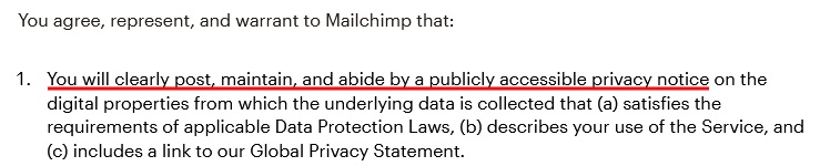 Mailchimp Terms of Use: Privacy Policy requirement