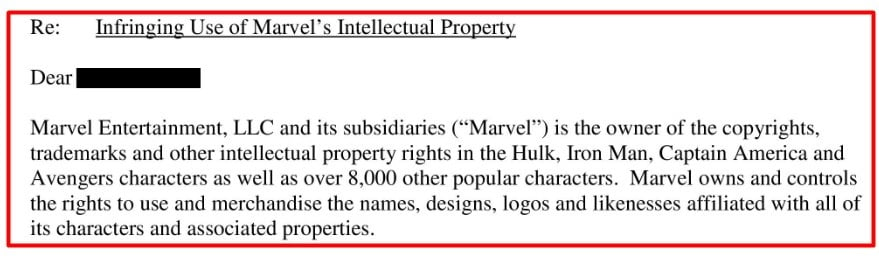 Marvel Entertainment Mobstyle Music cease and desist letter - Intro section