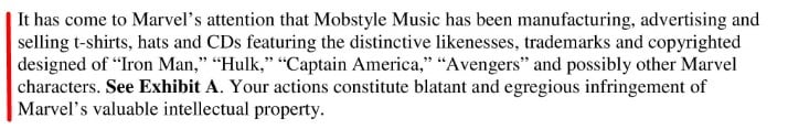 Marvel Entertainment Mobstyle Music cease and desist letter - Problem section