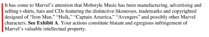 Marvel Entertainment Mobstyle Music cease and desist letter - Problem section