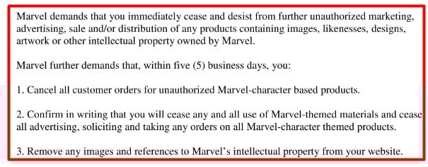 Marvel Entertainment Mobstyle Music cease and desist letter - Requests and demands section