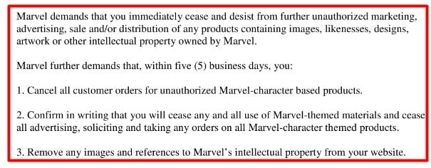 Marvel Entertainment Mobstyle Music cease and desist letter - Requests and demands section