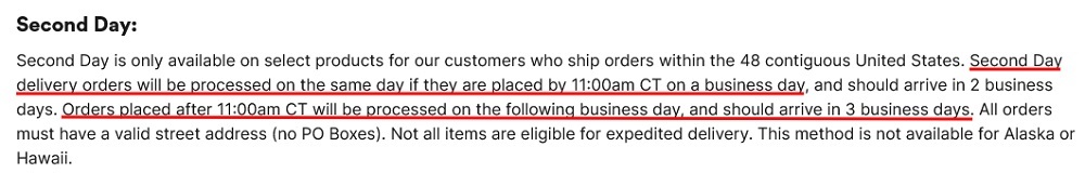 Michaels Shipping Policy: Second Day delivery clause