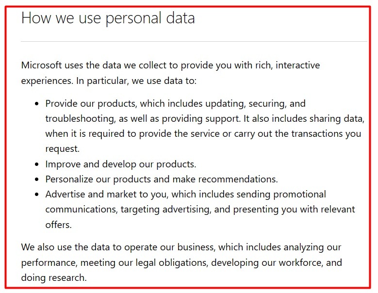 Microsoft Privacy Statement: How we use personal data clause