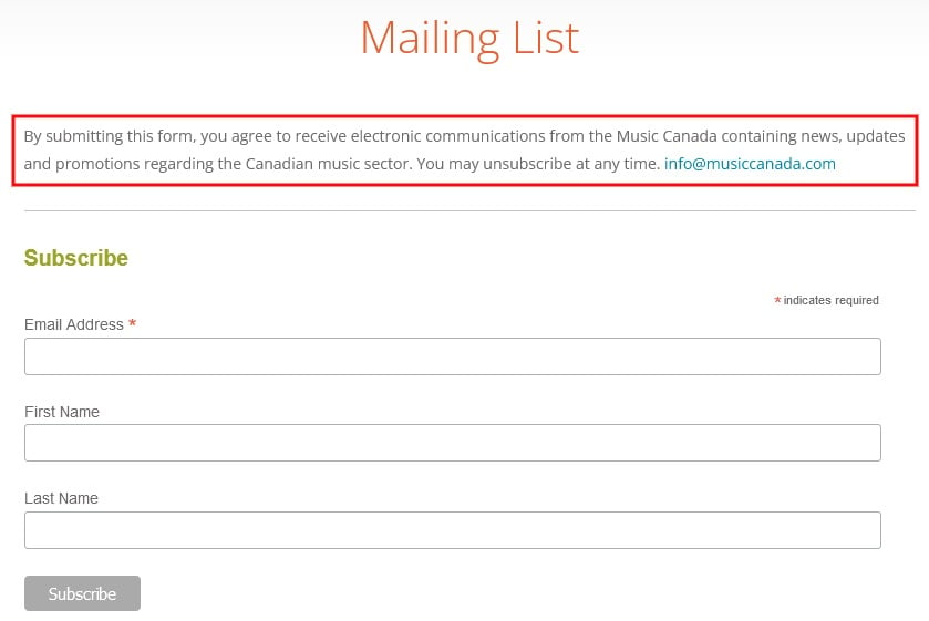 Music Canada email subscribe form