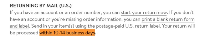 Nordstrom Return Policy: Processing timeframe highlighted