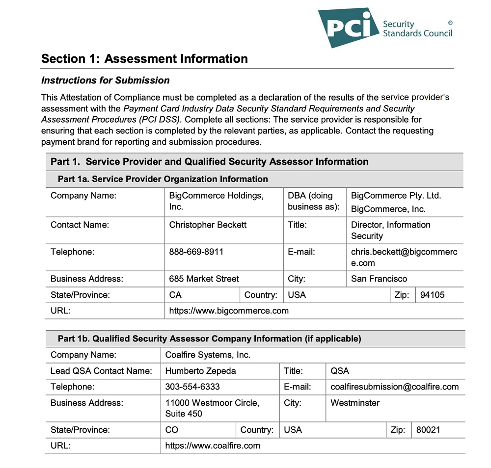 PCI DSS Attestation of Compliance for Onsite Assessments - Service Providers: BigCommerce Section 1: Assessment Information