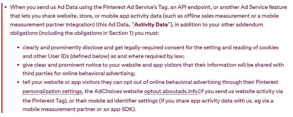 Pinterest Ad Data Terms: Obligations list