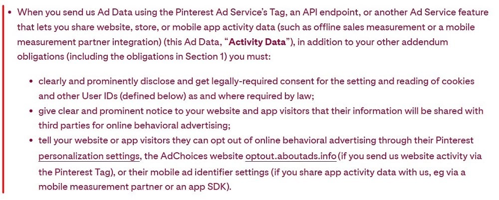 Pinterest Ad Data Terms: Obligations list