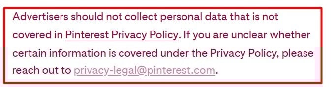 Pinterest Advertising Guidelines: Collect personal data section