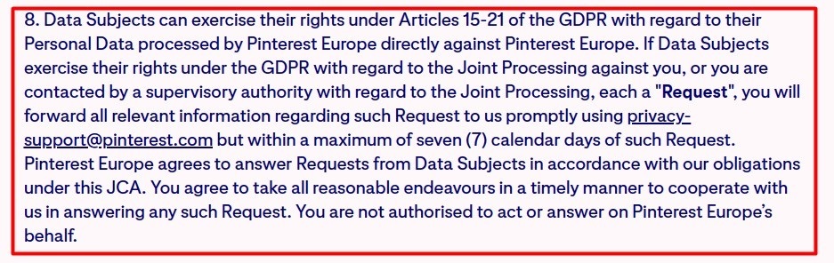 Pinterest Advertising Services Agreement: Joint Controller Addendum Section 8