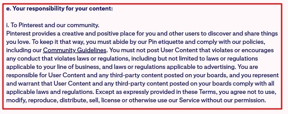 Pinterest Business Terms of Service: Responsibility for your content clause