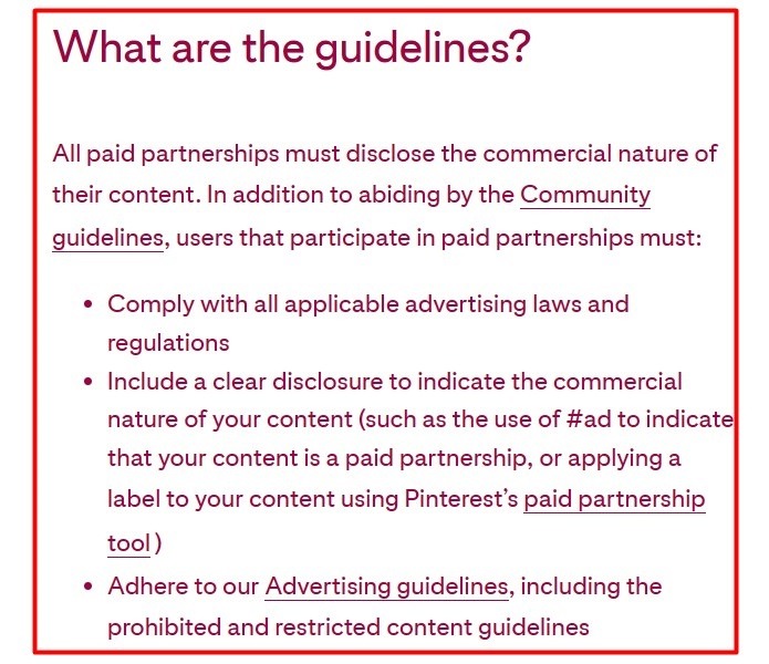 Pinterest Community Guidelines: Paid partnerships excerpt