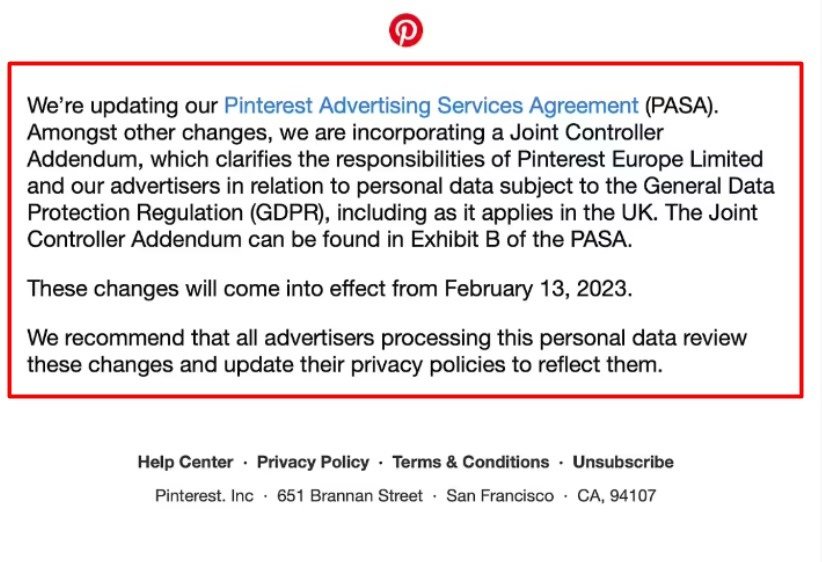 Pinterest email about updating Advertising Services Agreement
