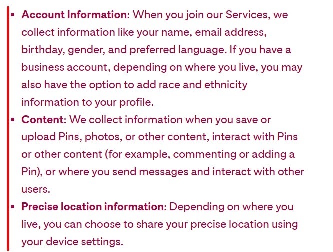 Pinterest Privacy Policy: Collect Information clause excerpt